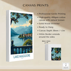 Lake Maggiore Poster Italy canvas print specifications: 400gsm cotton canvas, solid wood stretcher, 38mm depth, mirror wrap