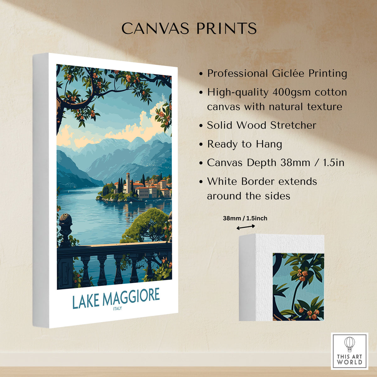 Lake Maggiore Poster Italy canvas print specifications: 400gsm cotton canvas, solid wood stretcher, 38mm depth, mirror wrap