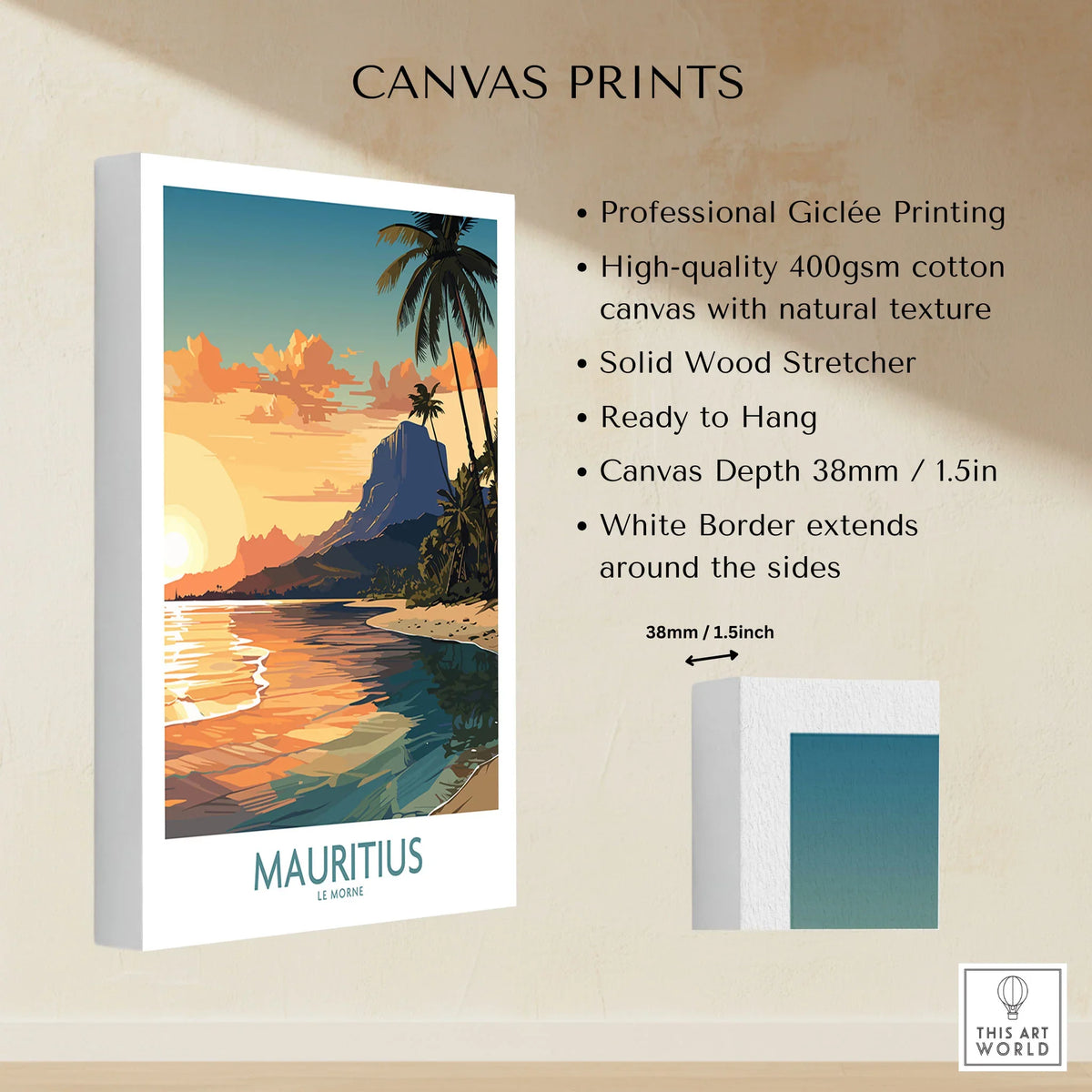 Le Morne Mauritius Wall Art canvas print specifications: 400gsm cotton canvas, solid wood stretcher, 38mm depth, mirror wrap