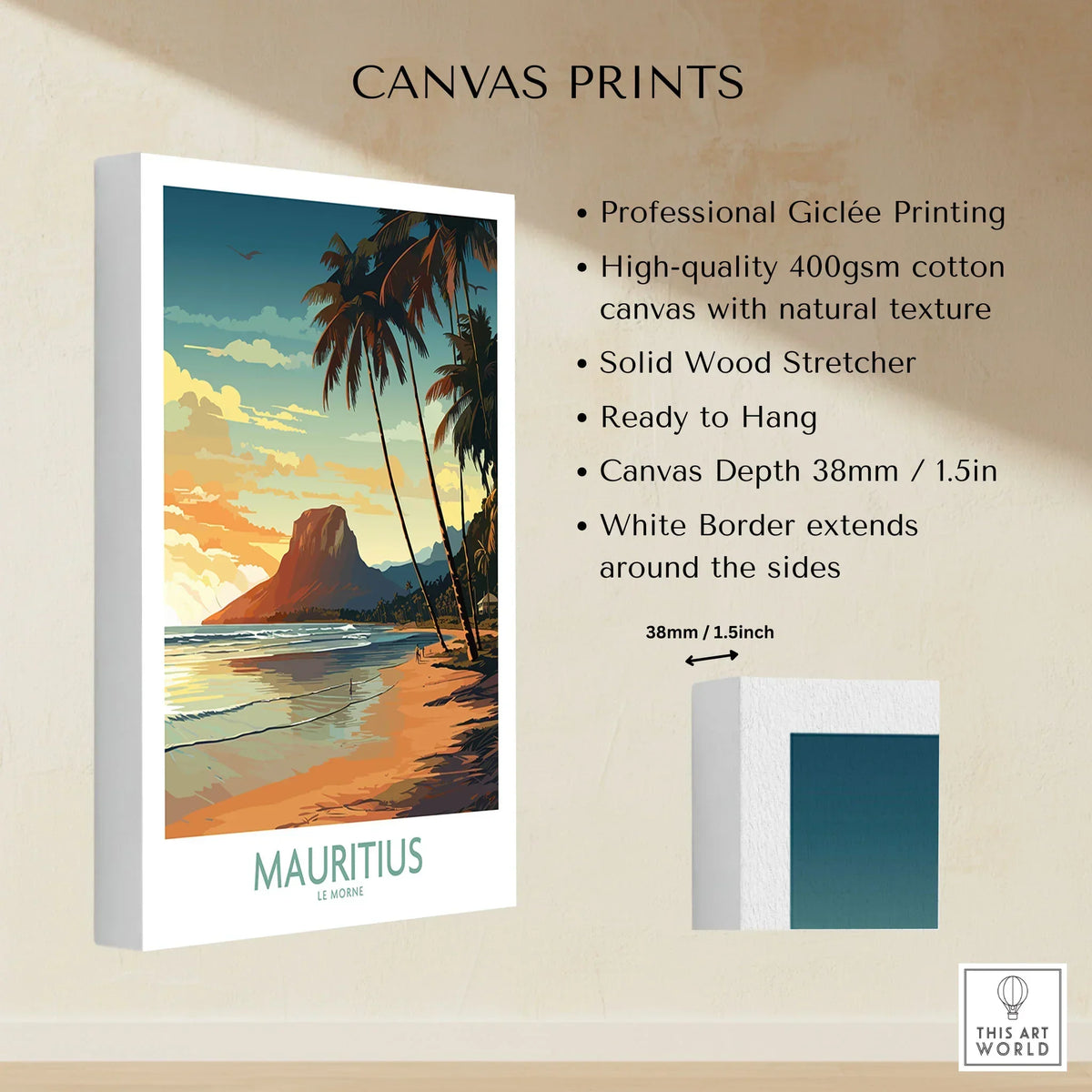 Mauritius Le Morne Print canvas print specifications: 400gsm cotton canvas, solid wood stretcher, 38mm depth, mirror wrap
