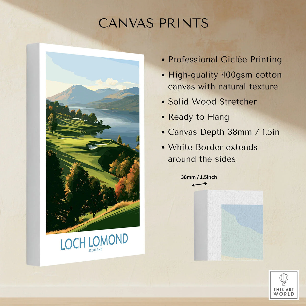 Loch Lomond Scotland Highland View Wall Art — autumn slopes rolling down to Loch Lomond with Highland hills beyond, shown as canvas print stretched cotton canvas details