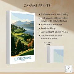 Loch Lomond Scotland Highland View Wall Art — autumn slopes rolling down to Loch Lomond with Highland hills beyond, shown as canvas print stretched cotton canvas details