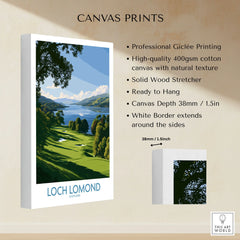 Loch Lomond Scotland Lochside Meadow Wall Art — a sunlit grassy shoreline running down to Loch Lomond under old oaks, shown as canvas print stretched cotton canvas details