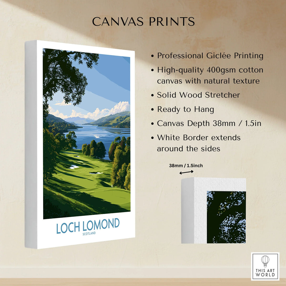 Loch Lomond Scotland Lochside Meadow Wall Art — a sunlit grassy shoreline running down to Loch Lomond under old oaks, shown as canvas print stretched cotton canvas details
