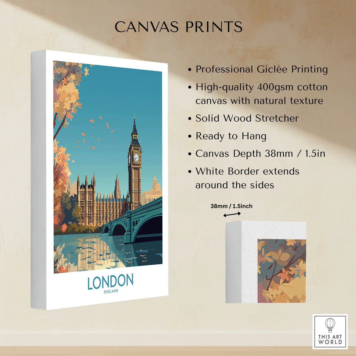 London Big Ben Wall Art | Modern Style canvas print specifications: 400gsm cotton canvas, solid wood stretcher, 38mm depth, mirror wrap