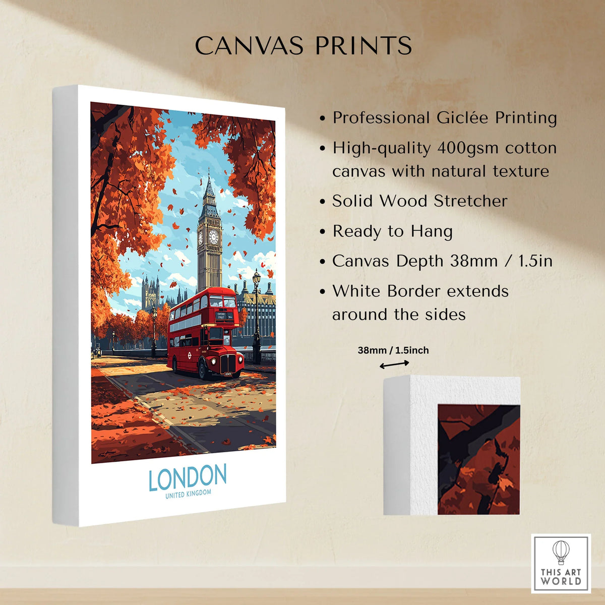 London Travel Poster canvas print specifications: 400gsm cotton canvas, solid wood stretcher, 38mm depth, mirror wrap