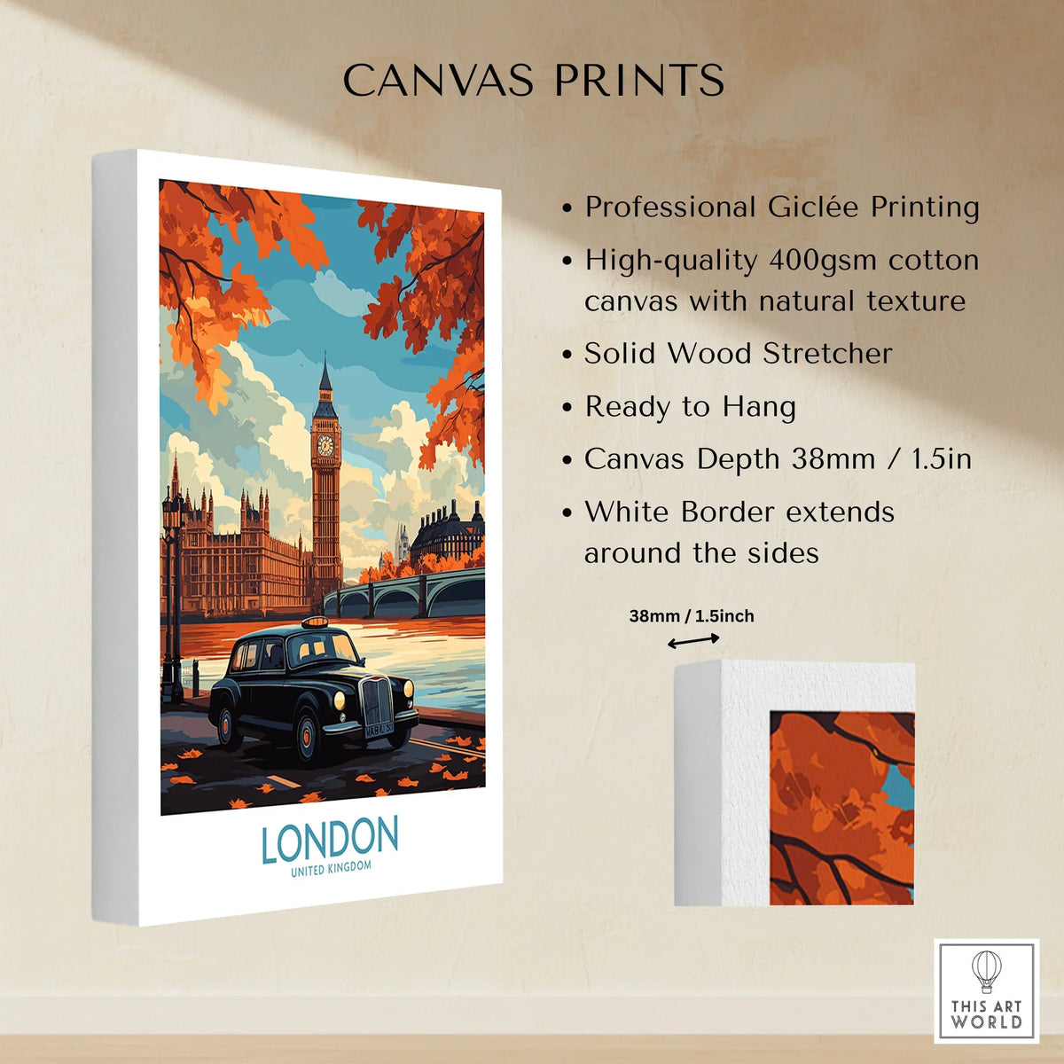 London Wall Art Print - Modern canvas print specifications: 400gsm cotton canvas, solid wood stretcher, 38mm depth, mirror wrap