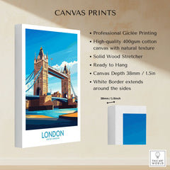 London Poster England canvas print specifications: 400gsm cotton canvas, solid wood stretcher, 38mm depth, mirror wrap