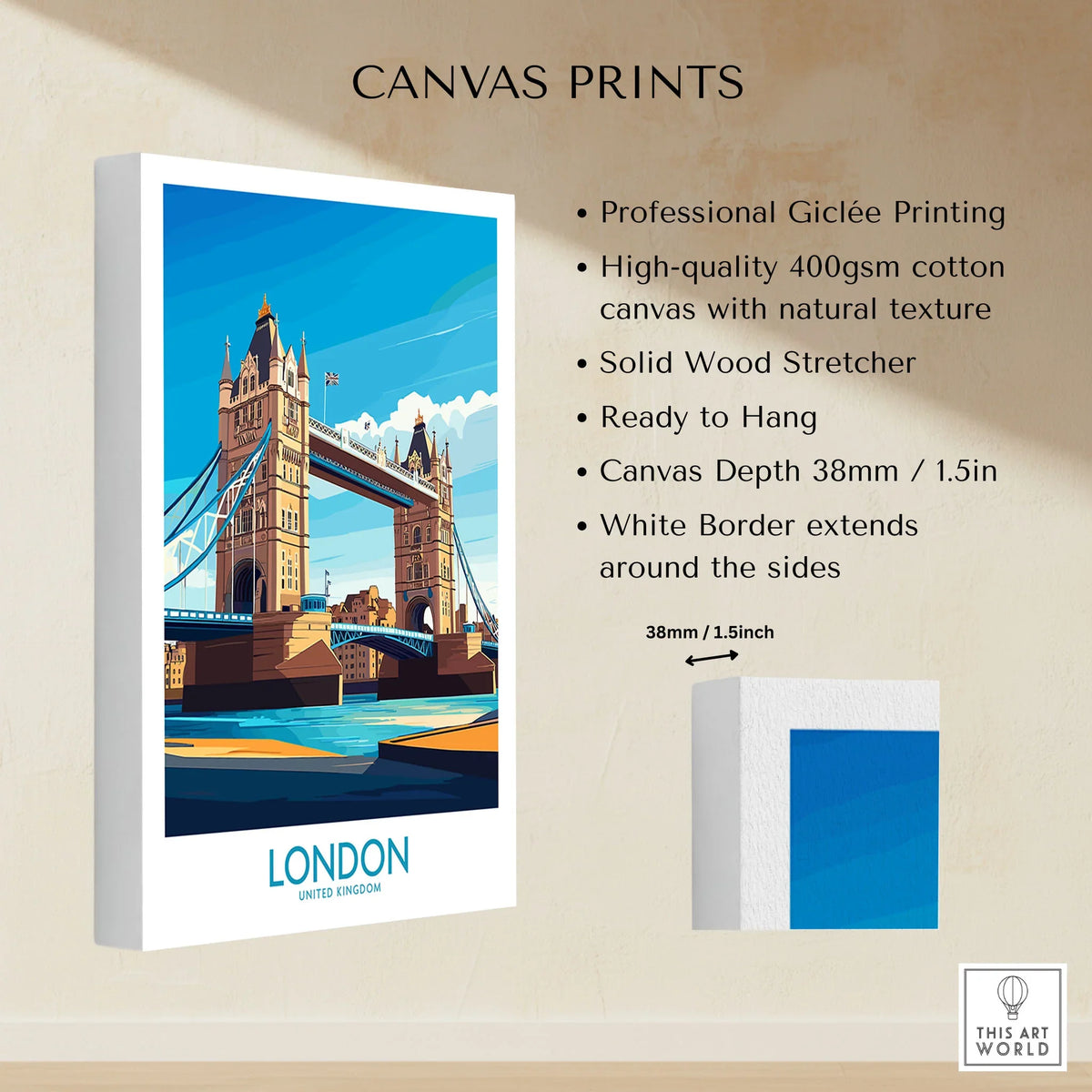 London Poster England canvas print specifications: 400gsm cotton canvas, solid wood stretcher, 38mm depth, mirror wrap