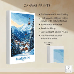 Mayrhofen Ski Poster canvas print specifications: 400gsm cotton canvas, solid wood stretcher, 38mm depth, mirror wrap