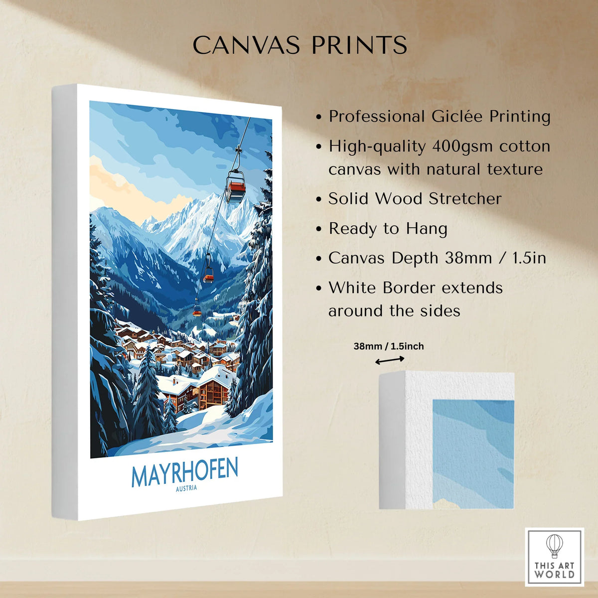 Mayrhofen Ski Poster canvas print specifications: 400gsm cotton canvas, solid wood stretcher, 38mm depth, mirror wrap