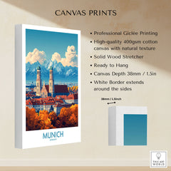 Munich Travel Poster canvas print specifications: 400gsm cotton canvas, solid wood stretcher, 38mm depth, mirror wrap