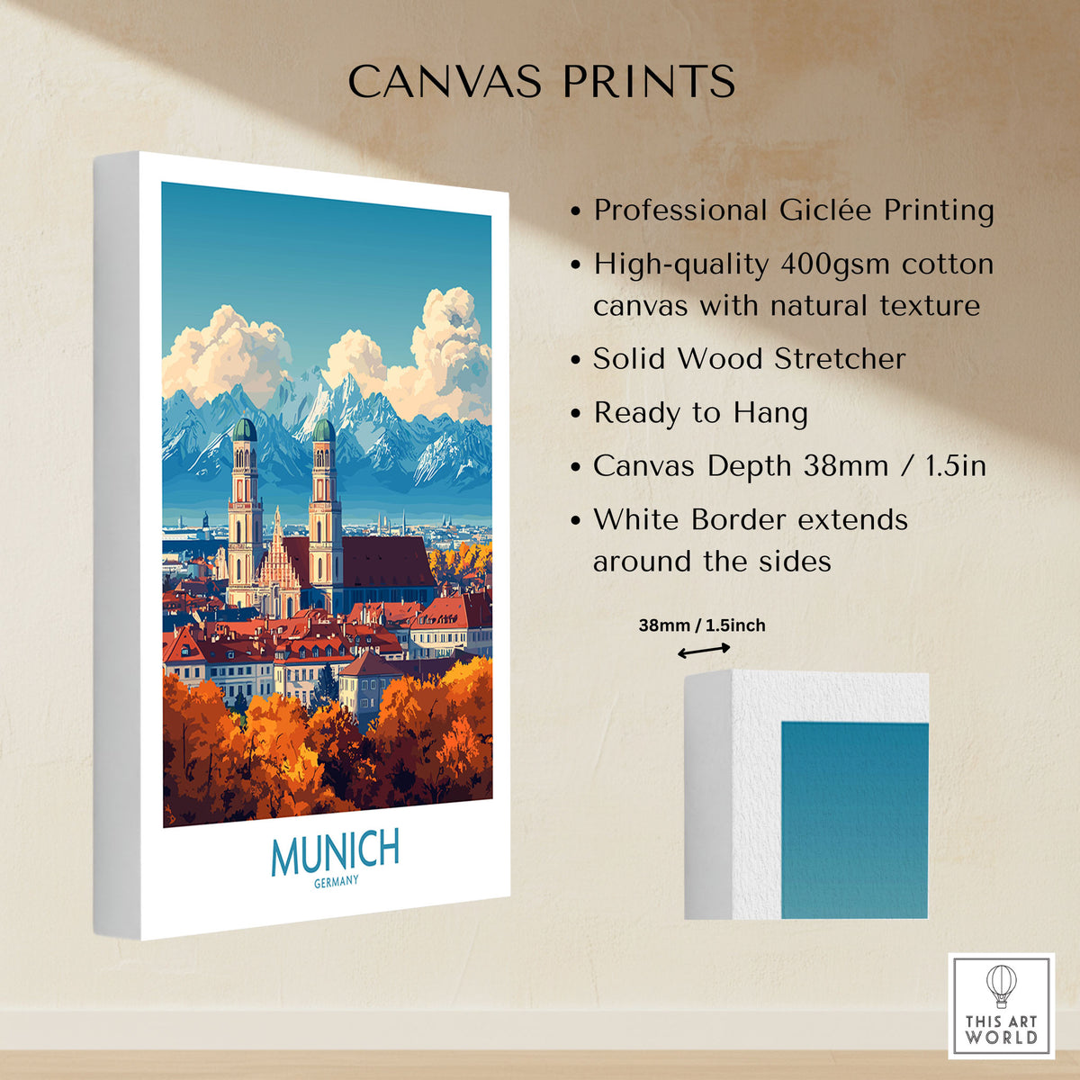Munich Travel Poster canvas print specifications: 400gsm cotton canvas, solid wood stretcher, 38mm depth, mirror wrap
