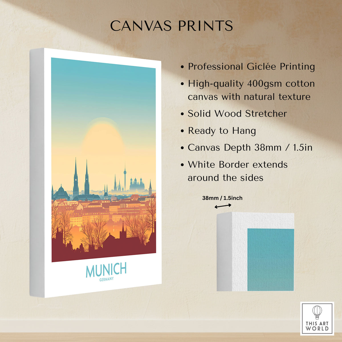 Munich Print Germany canvas print specifications: 400gsm cotton canvas, solid wood stretcher, 38mm depth, mirror wrap