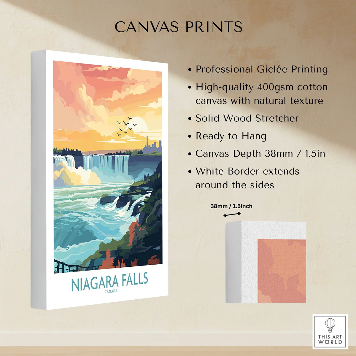 Niagara Falls Poster canvas print specifications: 400gsm cotton canvas, solid wood stretcher, 38mm depth, mirror wrap