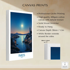 Paros Poster Greece canvas print specifications: 400gsm cotton canvas, solid wood stretcher, 38mm depth, mirror wrap