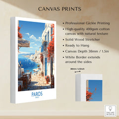 Paros Wall Art Greece canvas print specifications: 400gsm cotton canvas, solid wood stretcher, 38mm depth, mirror wrap