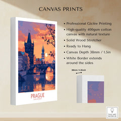 Prague Print canvas print specifications: 400gsm cotton canvas, solid wood stretcher, 38mm depth, mirror wrap