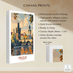 Prague Travel Poster canvas print specifications: 400gsm cotton canvas, solid wood stretcher, 38mm depth, mirror wrap