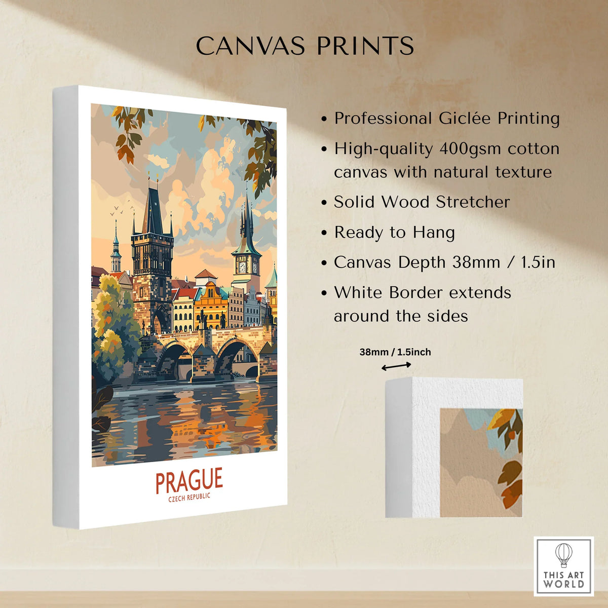 Prague Travel Poster canvas print specifications: 400gsm cotton canvas, solid wood stretcher, 38mm depth, mirror wrap