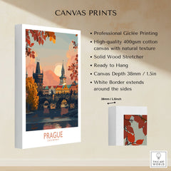 Prague Travel Print canvas print specifications: 400gsm cotton canvas, solid wood stretcher, 38mm depth, mirror wrap