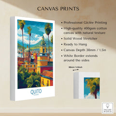 Ecuador Quito Cityscape Travel Print Poster Colonial Churches Andes Mountain Wall Art canvas print specifications: 400gsm cotton canvas, solid wood stretcher, 38mm depth, mirror wrap