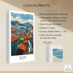 Ecuador Quito Rooftops Travel Poster City View Print Andes Landscape Wall Art South America canvas print specifications: 400gsm cotton canvas, solid wood stretcher, 38mm depth, mirror wrap