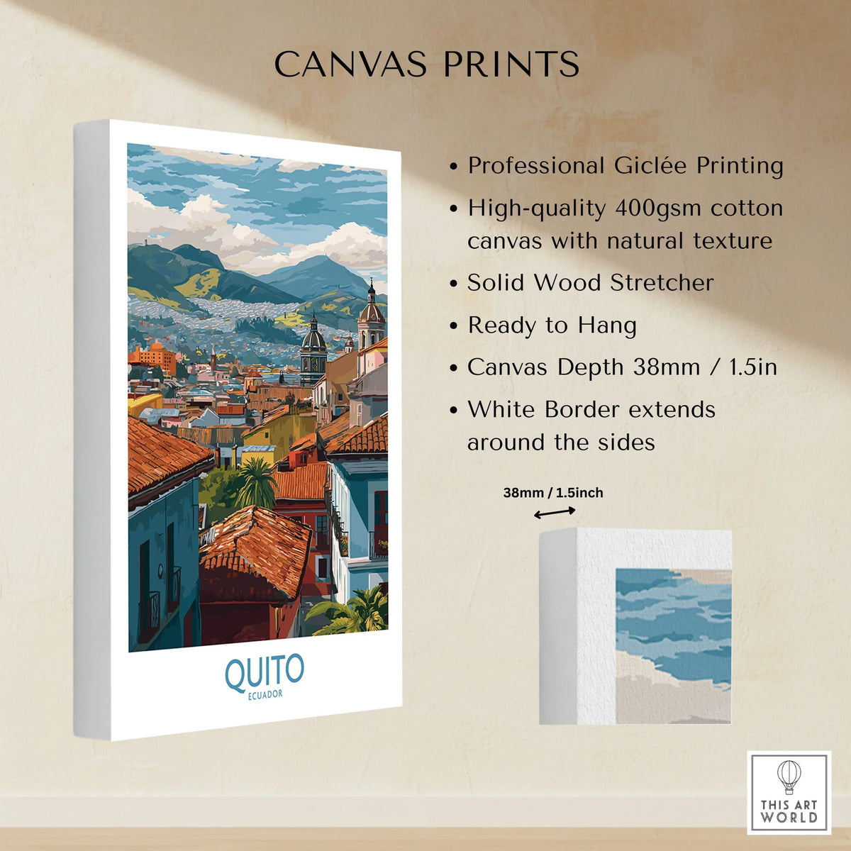 Ecuador Quito Rooftops Travel Poster City View Print Andes Landscape Wall Art South America canvas print specifications: 400gsm cotton canvas, solid wood stretcher, 38mm depth, mirror wrap