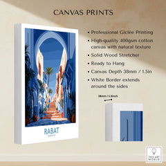 Rabat Morocco Blue Alleyway Wall Art — a blue-washed medina lane and stone steps seen through a horseshoe arch, shown as canvas print stretched cotton canvas details