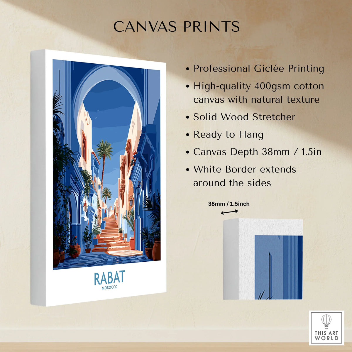 Rabat Morocco Blue Alleyway Wall Art — a blue-washed medina lane and stone steps seen through a horseshoe arch, shown as canvas print stretched cotton canvas details