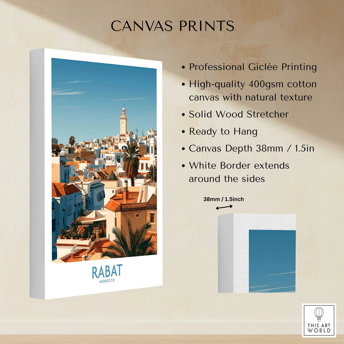 Rabat Morocco Minaret Skyline Wall Art — medina rooftops and a pale minaret in late afternoon sun, shown as canvas print stretched cotton canvas details