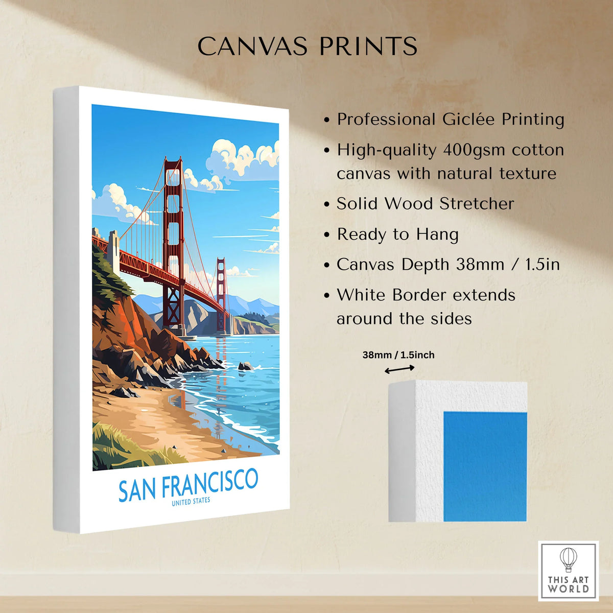 San Francisco Poster canvas print specifications: 400gsm cotton canvas, solid wood stretcher, 38mm depth, mirror wrap