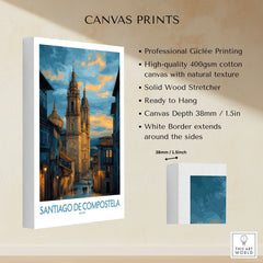 Santiago de Compostela Cathedral Art Print | Cityscape Poster canvas print specifications: 400gsm cotton canvas, solid wood stretcher, 38mm depth, mirror wrap