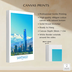 Santiago Wall Art Print - Chile canvas print specifications: 400gsm cotton canvas, solid wood stretcher, 38mm depth, mirror wrap