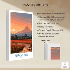 Suphan Buri Thailand Temple Sunset Wall Art — a lotus-covered lake and temple spire at sunset beneath a mountain peak, shown as canvas print stretched cotton canvas details