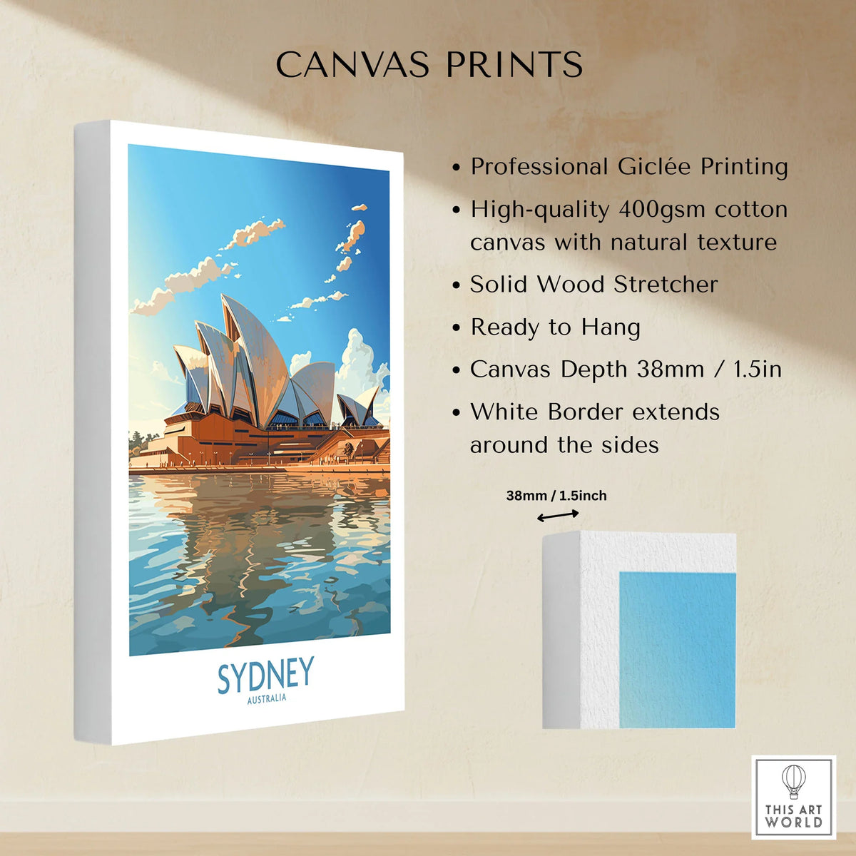 Sydney Print canvas print specifications: 400gsm cotton canvas, solid wood stretcher, 38mm depth, mirror wrap