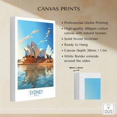 Sydney Print canvas print specifications: 400gsm cotton canvas, solid wood stretcher, 38mm depth, mirror wrap