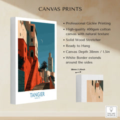 Tangier Morocco Crescent Moon Wall Art — coral kasbah steps climbing towards a minaret under a crescent moon, shown as canvas print stretched cotton canvas details