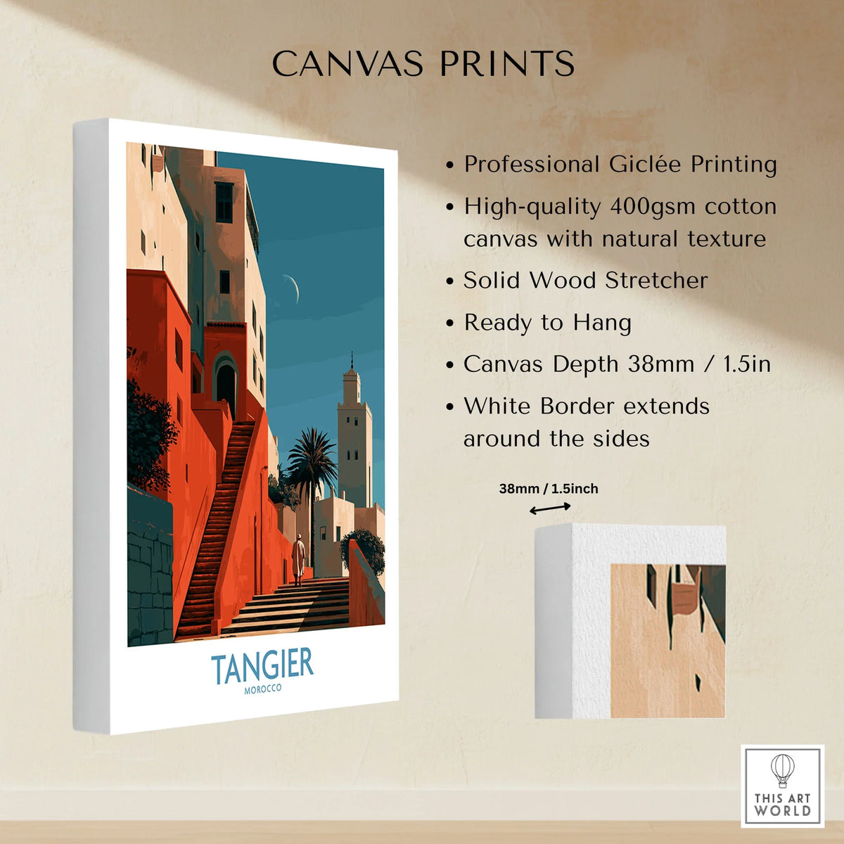 Tangier Morocco Crescent Moon Wall Art — coral kasbah steps climbing towards a minaret under a crescent moon, shown as canvas print stretched cotton canvas details