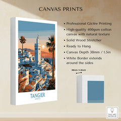 Tangier Morocco Sailboats and Rooftops Wall Art — Tangier medina rooftops and a minaret above a bay dotted with sails, shown as canvas print stretched cotton canvas details