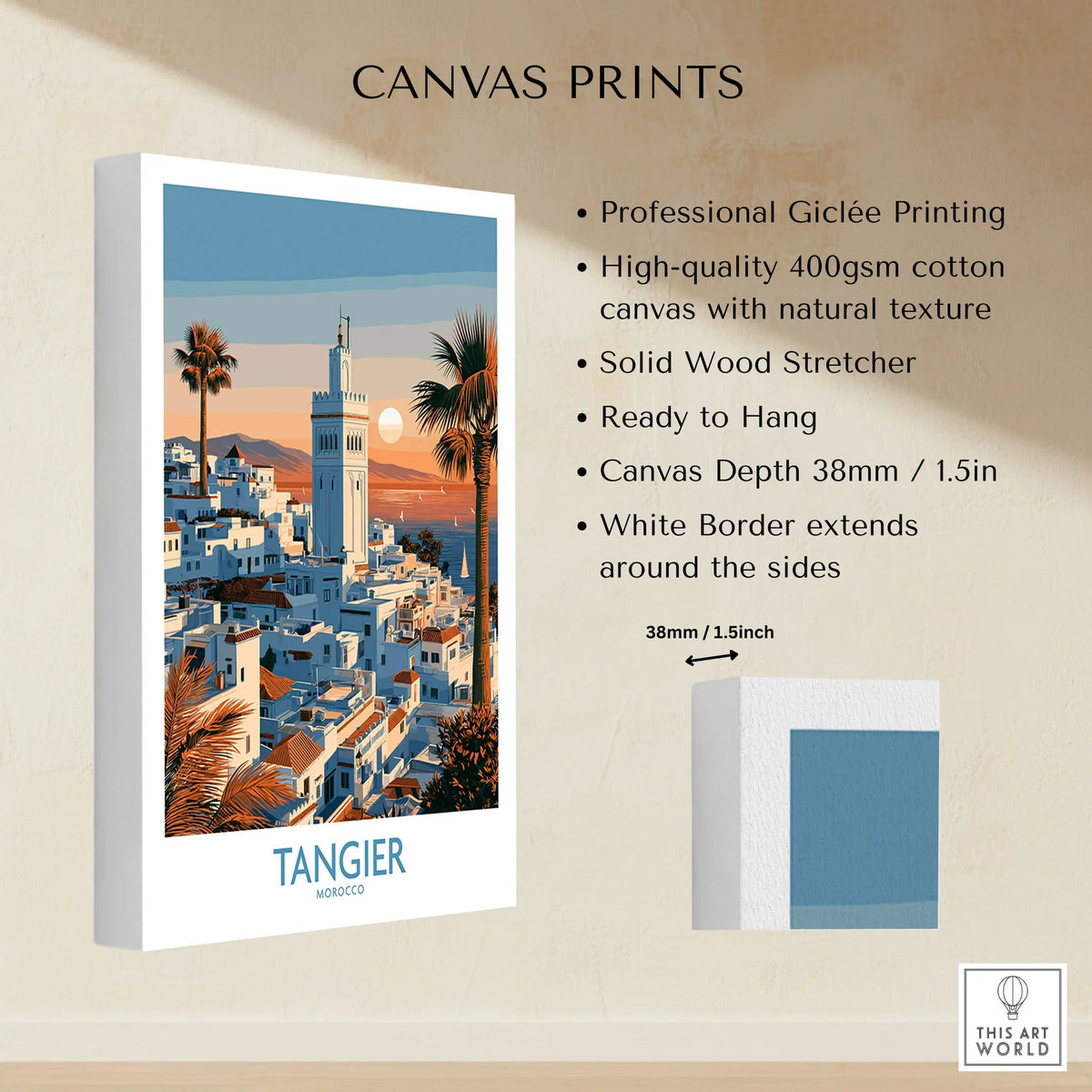 Tangier Morocco Sailboats and Rooftops Wall Art — Tangier medina rooftops and a minaret above a bay dotted with sails, shown as canvas print stretched cotton canvas details