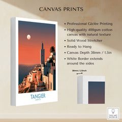 Tangier Morocco Coastal Sunset Wall Art — a whitewashed hillside town and minaret glowing above the sea at sunset, shown as canvas print stretched cotton canvas details