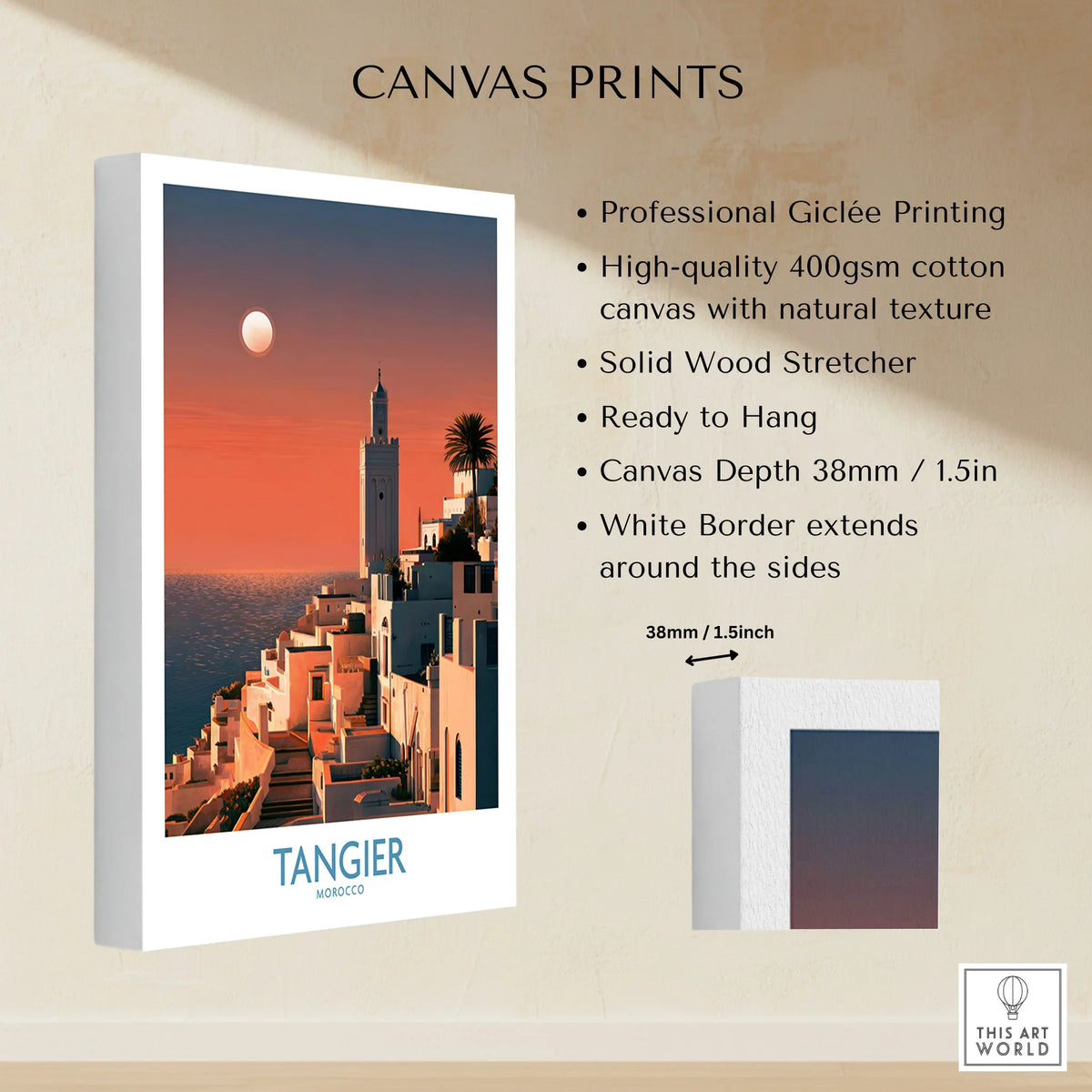 Tangier Morocco Coastal Sunset Wall Art — a whitewashed hillside town and minaret glowing above the sea at sunset, shown as canvas print stretched cotton canvas details