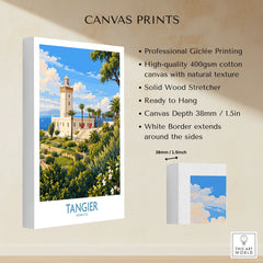 Tangier Morocco Lighthouse Gardens Wall Art — the Cap Spartel lighthouse above palm gardens and the blue strait, shown as canvas print stretched cotton canvas details