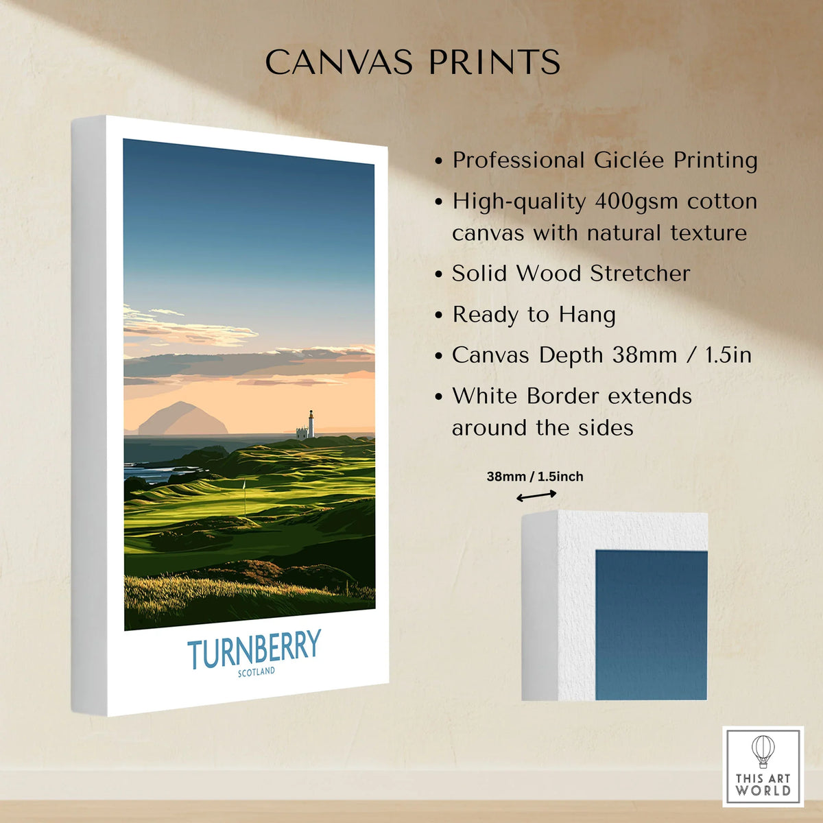 Turnberry Scotland Ayrshire Dusk Wall Art — Ailsa Craig and the white lighthouse across rolling coastal turf at dusk, shown as canvas print stretched cotton canvas details