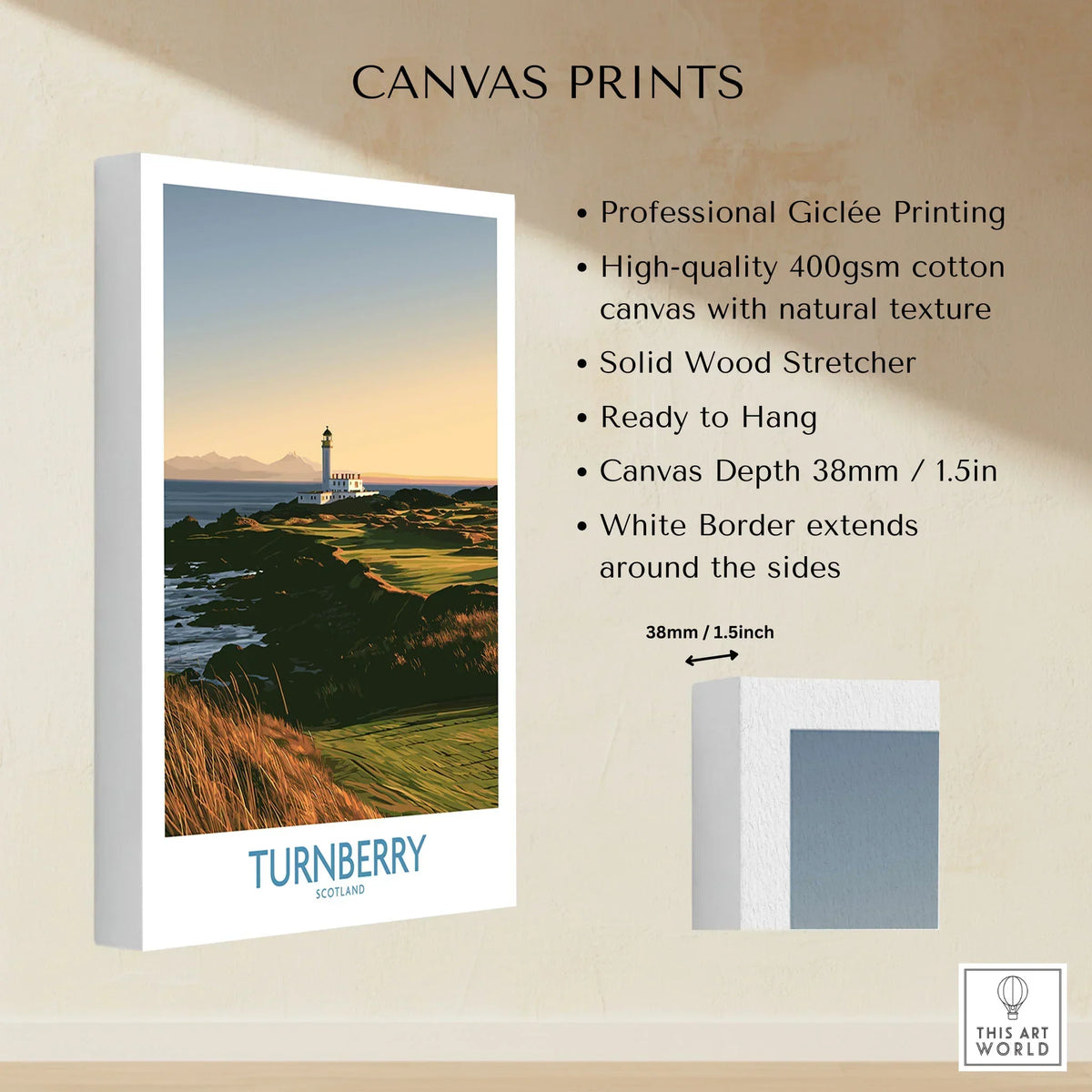 Turnberry Scotland Rocky Shore Wall Art — the Turnberry lighthouse above a rocky shore with the Arran hills beyond, shown as canvas print stretched cotton canvas details