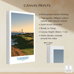 Turnberry Scotland Rocky Shore Wall Art — the Turnberry lighthouse above a rocky shore with the Arran hills beyond, shown as canvas print stretched cotton canvas details