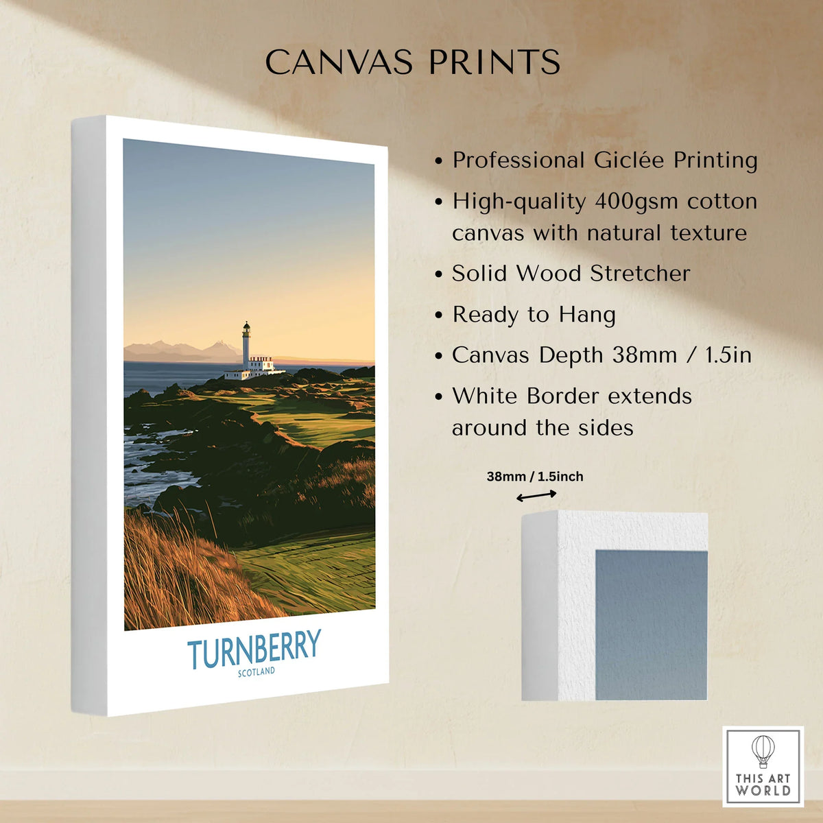 Turnberry Scotland Rocky Shore Wall Art — the Turnberry lighthouse above a rocky shore with the Arran hills beyond, shown as canvas print stretched cotton canvas details