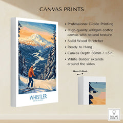 Whistler Ski Print - British Columbia canvas print specifications: 400gsm cotton canvas, solid wood stretcher, 38mm depth, mirror wrap