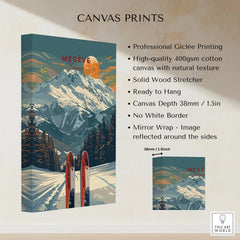 Megève Travel Poster - France canvas print specifications: 400gsm cotton canvas, solid wood stretcher, 38mm depth, mirror wrap